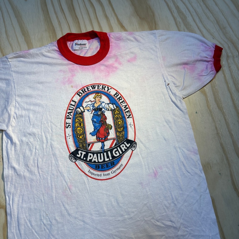 Vintage Stedman St Pauli Girl Beer Ringer T-Shirt Large Mens White Red USA Made